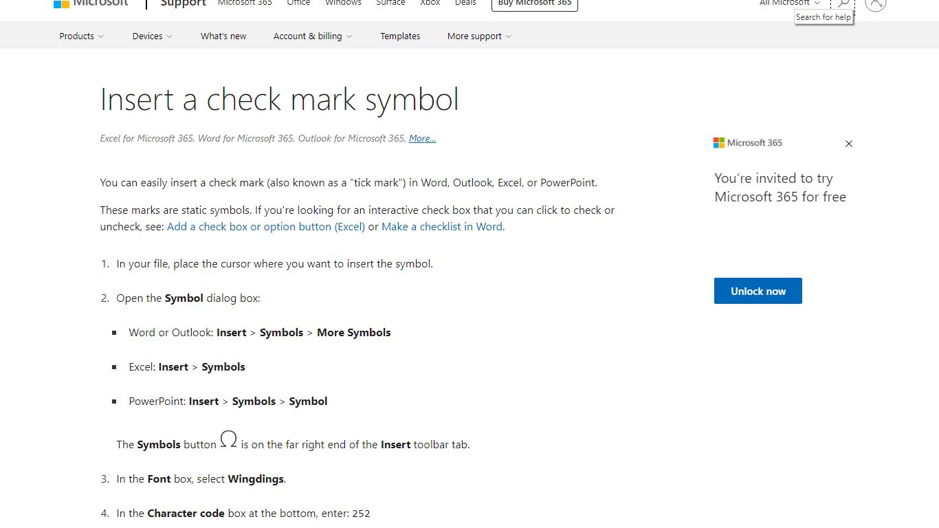 Insert a check mark symbol - support.microsoft.com